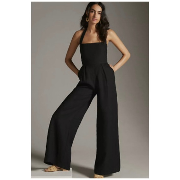 Rumer The Label x Anthropologie Halter Top Linen Wide Leg Freya Jumpsuit Black L - Picture 1 of 12